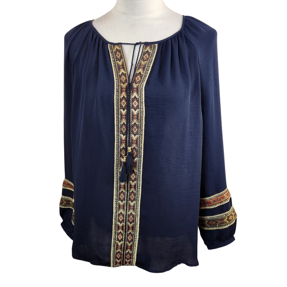 Chico's 2 Navy Blue Embroidered Tassel Peasant Blouse Top Size Large Boho Ethnic